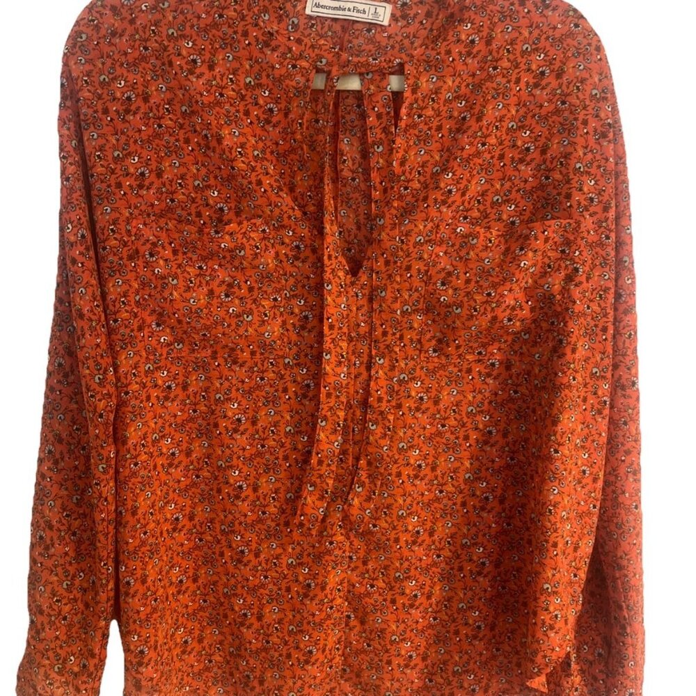 Abercrombie Womens Top Blouse Rusty Orange Floral Size L Long Sleeve Tie Front
